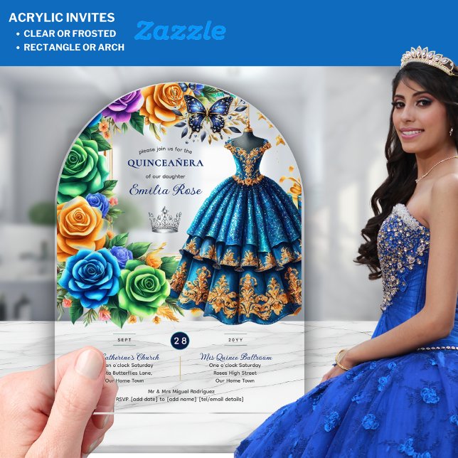 Fiesta Quinceanera Floral Butterflies Blue Gold Acrylic Invitations (Creator Uploaded)