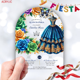 Fiesta Quinceanera Floral Butterflies Blue Gold Acrylic Invitations
