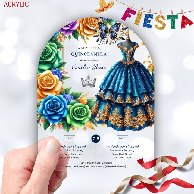 Fiesta Quinceanera Floral Butterflies Blue Gold Acrylic Invitations (Creator Uploaded)