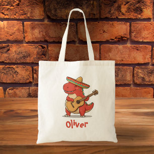 Fiesta Red Dinosaur with Sombrero & Guitar Tote Bag