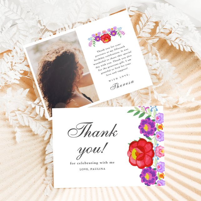 Fiesta Red Floral Photo Quinceañera Thank You Card (Creator Uploaded)