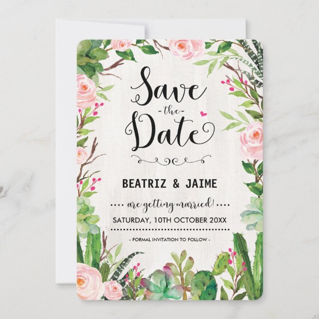 Fiesta Save the Date Invitation Pink Floral Cactus (Front)
