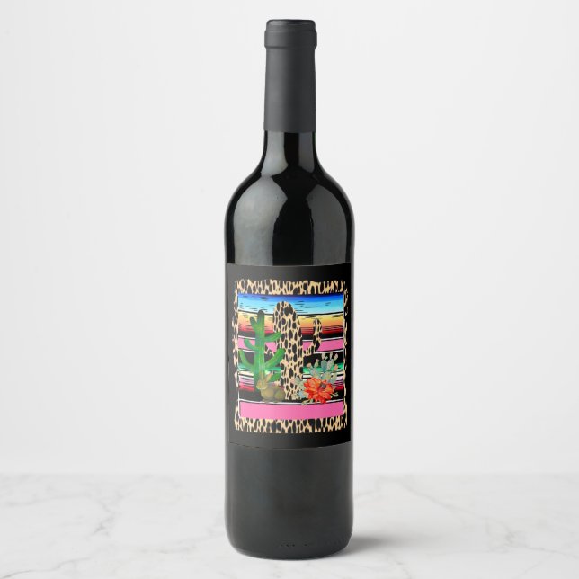 Fiesta Serape Cheetah Cactus Flower Cacti Rabbit Wine Label (Front)