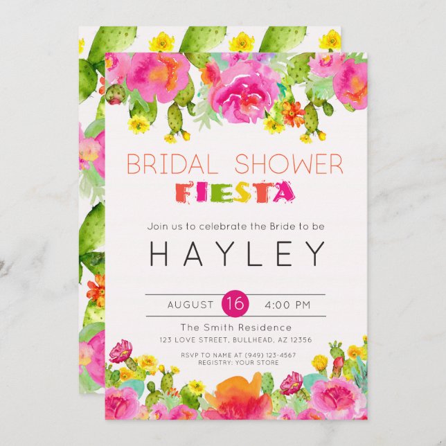 Fiesta Succulent Floral Watercolor Bridal Shower Invitation (Front/Back)