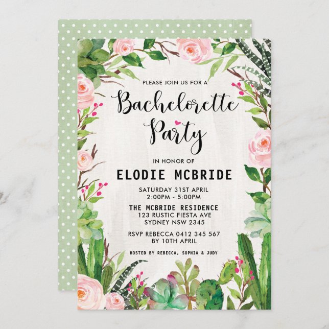 Fiesta Succulent Pink Floral Bachelorette Invite (Front/Back)