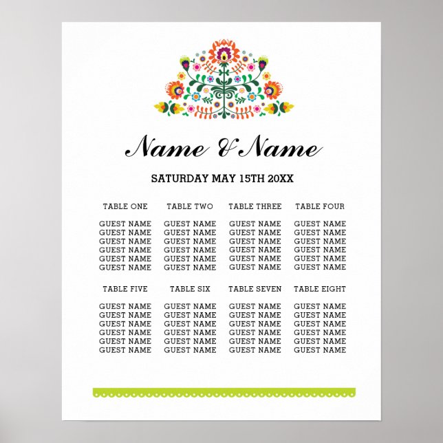 Fiesta Table Plan Wedding Day Poster 8 Seating (Front)