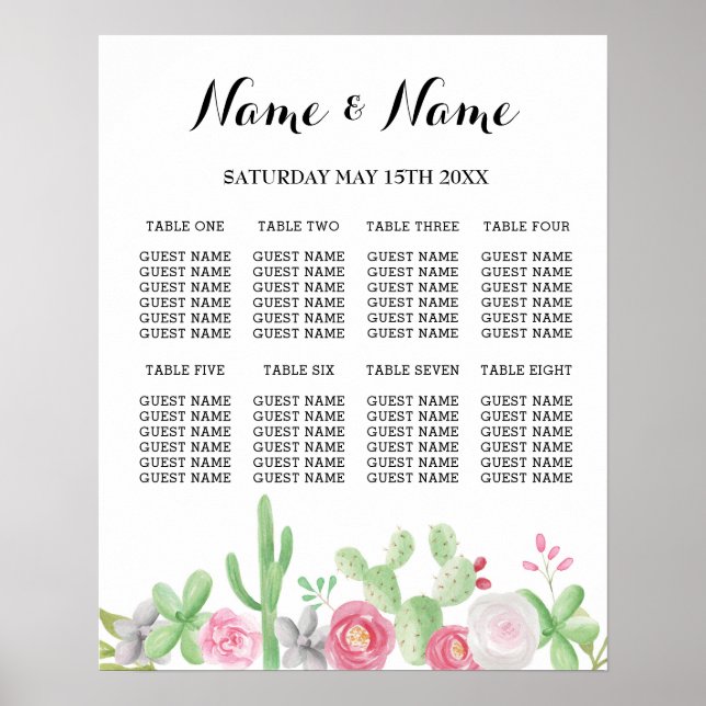 Fiesta Table Plan Wedding Poster 8 Seating Cactus (Front)