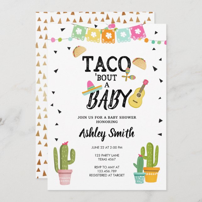 Fiesta Taco Bout Love Cactus Gold Baby Shower Invitation (Front/Back)