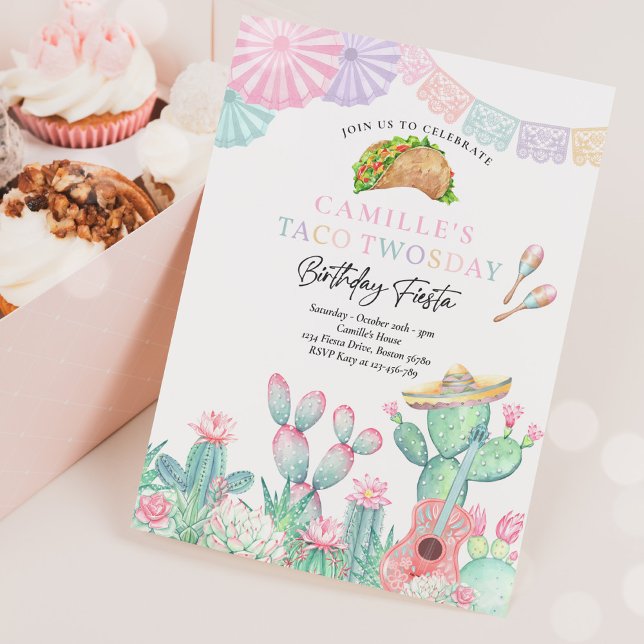 Fiesta Taco Twosday Watercolor Cactus 2nd Birthday Invitation (Creator Uploaded)