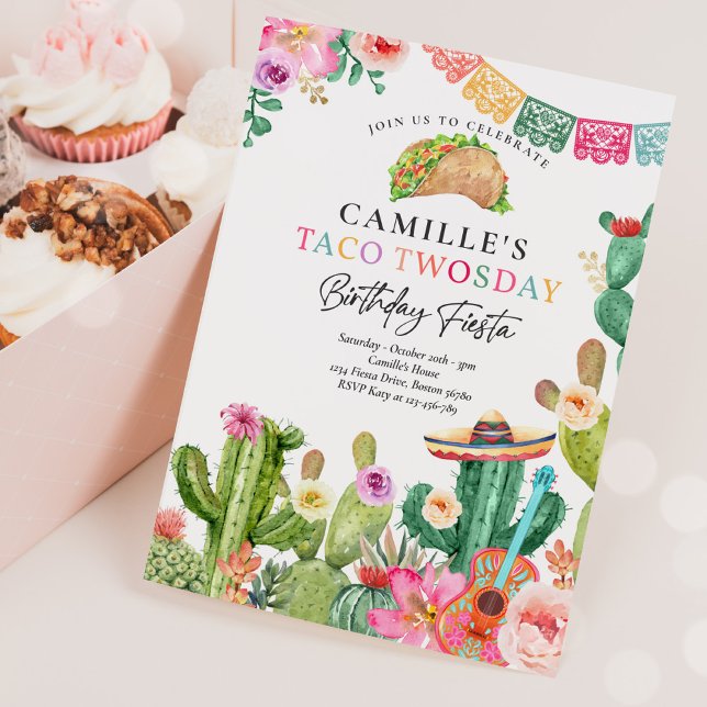 Fiesta Taco Twosday Watercolor Cactus 2nd Birthday Invitation (Creator Uploaded)