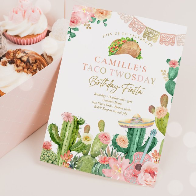 Fiesta Taco Twosday Watercolor Cactus 2nd Birthday Invitation (Creator Uploaded)