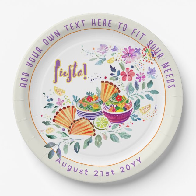 FIESTA Tacos Guacamole Folkart Flowers Custom Paper Plate (Front)
