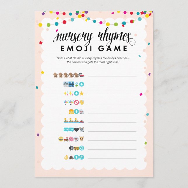Fiesta theme emoji nursery rhyme baby shower game programme (Front)