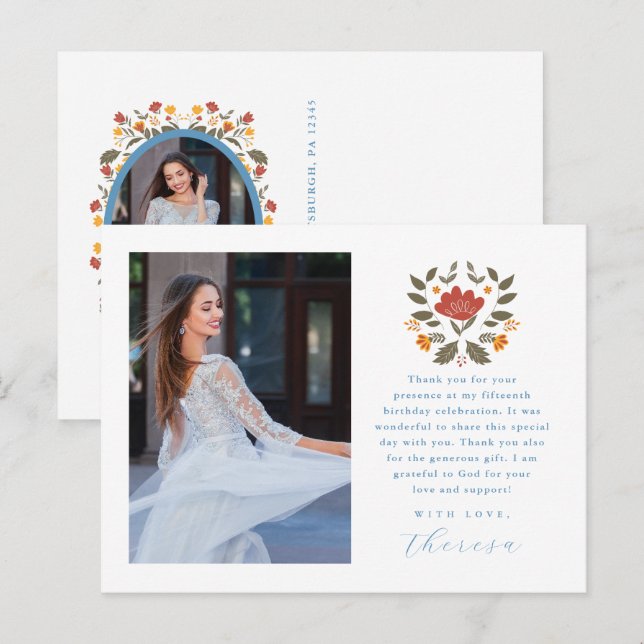 Fiesta Two Photo Blue Quinceanera Floral Thank You Postcard (Front/Back)