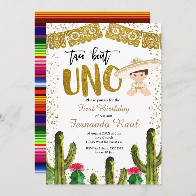 Fiesta Uno Gold Charro Boy  Invitation (Front/Back)