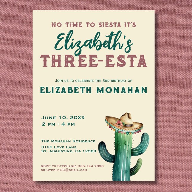 Fiesta Watercolor Cactus Three-esta Birthday  Invitation (Creator Uploaded)