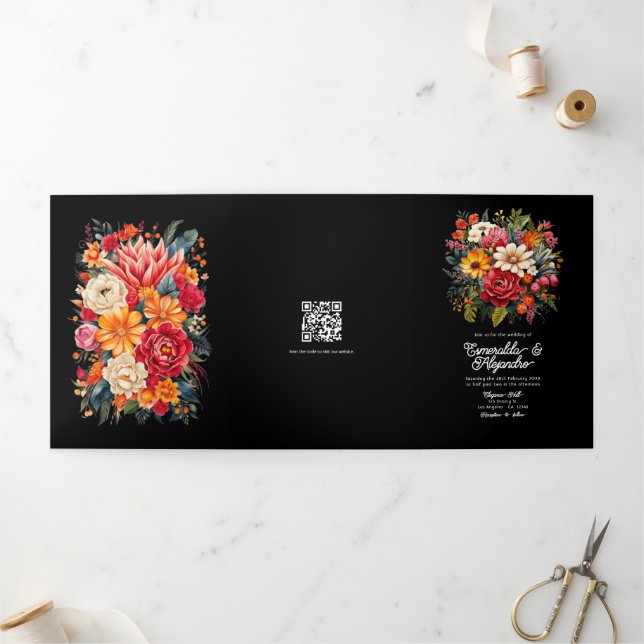 Fiesta Wedding Guest Details, Photo & QR Code Tri-Fold Invitation (Outside)