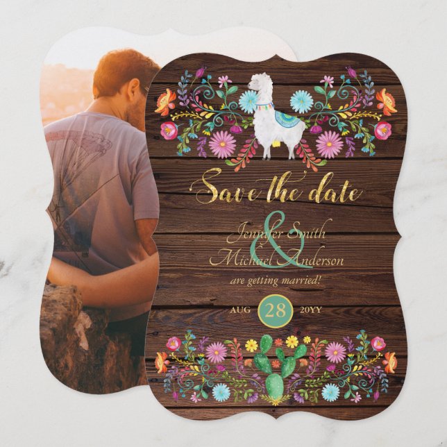Fiesta Wedding Save The Date Llama Folk Flowers Invitation (Front/Back)