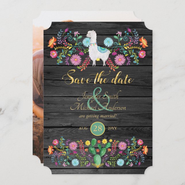 Fiesta Wedding Save The Date Llama Folk Flowers Invitation (Front/Back)