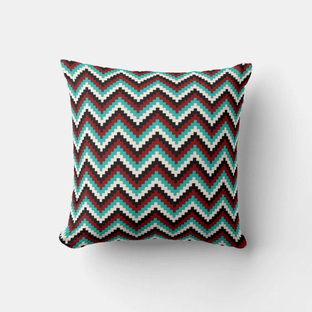 Fiesta Zigzag Chevron Pattern Black Red Turquoise Cushion (Front)