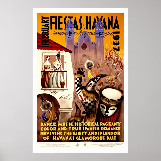 Fiestas in Havana Vintage Travel Poster (Front)