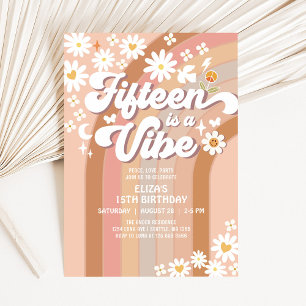 FIFTEEN is A Vibe 15th Daisy Rainbow 70s Birthday Invitation