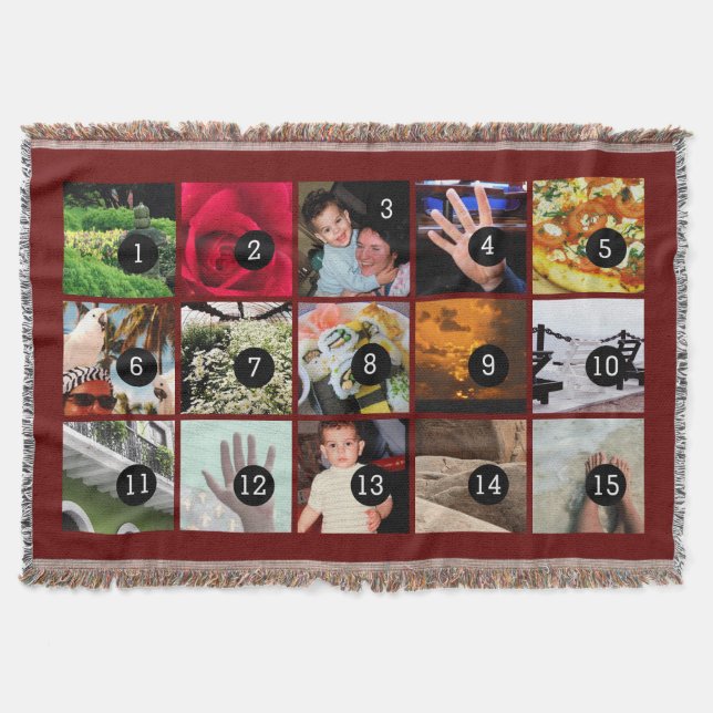 Fifteen of Your Photos Burgundy Your Own Original Throw Blanket (Front)