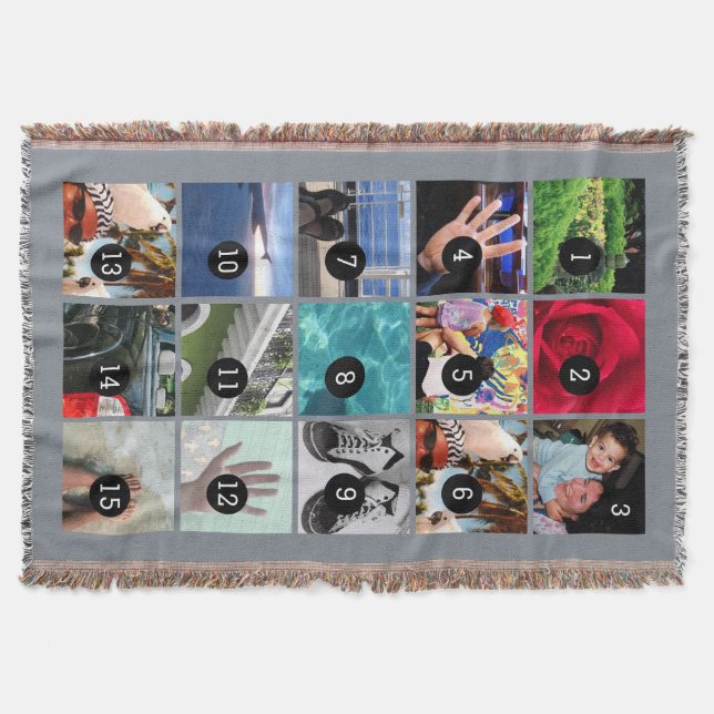 Fifteen of Your Photos Grey Make Your Own Original Throw Blanket (Front)