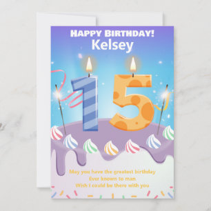 Fifteen year old Happy Birthday card personalised