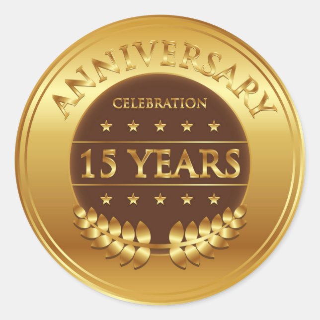Fifteen Years Anniversary Celebration Gold Medal Classic Round Sticker (Front)