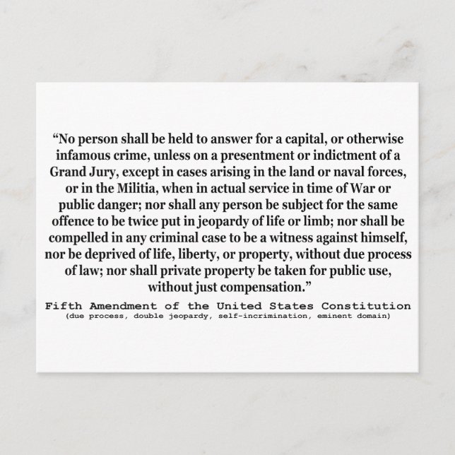 Fifth Amendment to the United States Constitution Postcard (Front)