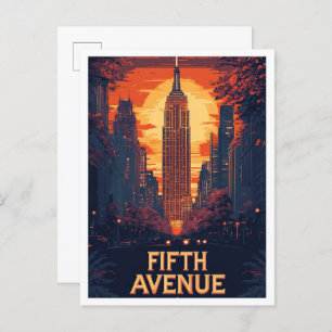 Fifth Avenue NYC USA Vintage Illustration Travel Postcard