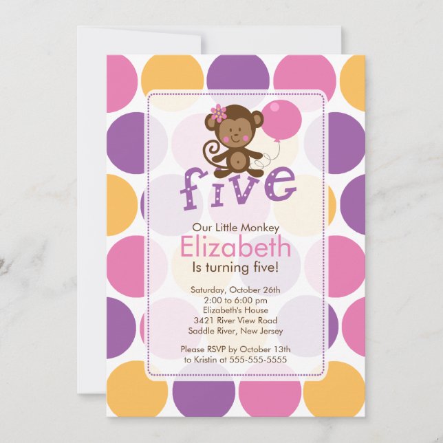 Fifth Birthday Little Monkey Birthday Invitation 5 (Front)