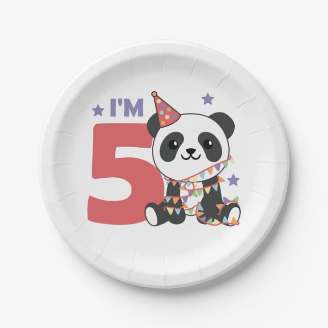 Fifth Birthday Panda For Kids 5 Years Paper Plates (Front)
