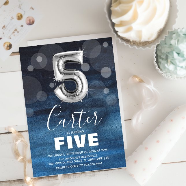 Fifth Birthday Silver Balloon | Blue Party Invitation (Creator Uploaded)