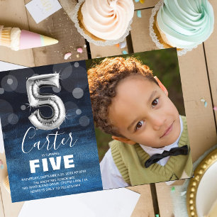 Fifth Birthday Silver Balloon   Blue Photo Party Invitation