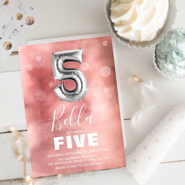 Fifth Birthday Silver Balloon | Pink Party Invitation (Creator Uploaded)