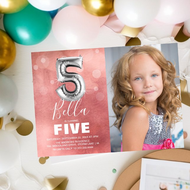 Fifth Birthday Silver Balloon | Pink Photo Party Invitation (Creator Uploaded)