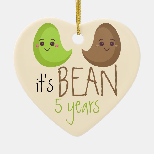 Fifth Funny Wedding Bean Five years anniversary Ceramic Tree Decoration (Front)