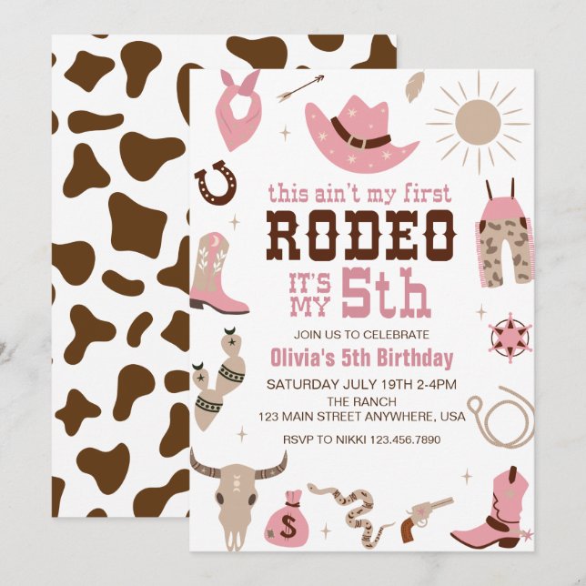 Fifth Rodeo Western Cowgirl 5th Birthday Invitation (Front/Back)