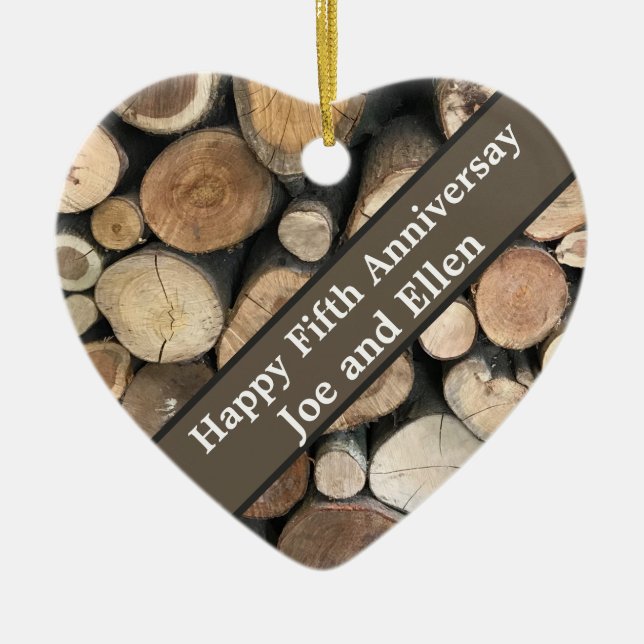 Fifth Wedding Anniversary Editable Ceramic Tree Decoration (Front)