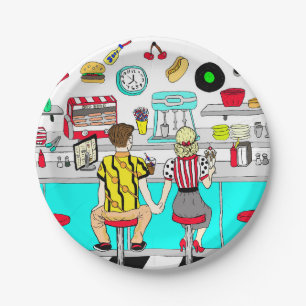 Fifties Diner Nostalgic Couple Holding Hands Art Paper Plate