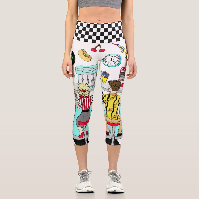 Fifties Graphics with Milkshakes, Hot dogs Retro  Capri Leggings (Front)