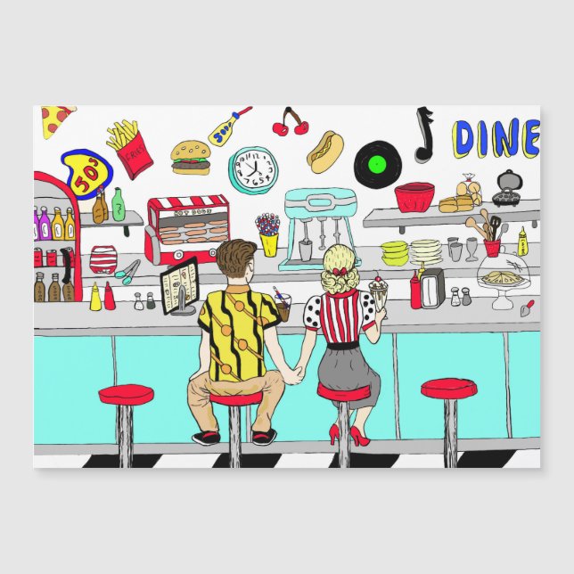 Fifties Nostalgic Couple Holding Hands at Diner Magnetic Invitation (Front)