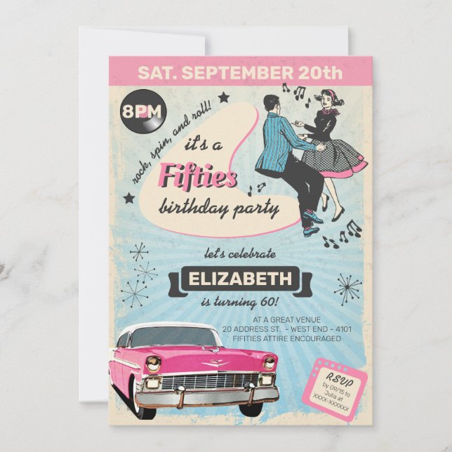 Fifties Rockabilly Birthday Party In Pink Invitation (Front)