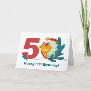 Fiftieth 50 Birthday with Funny Bird and Branch Card
