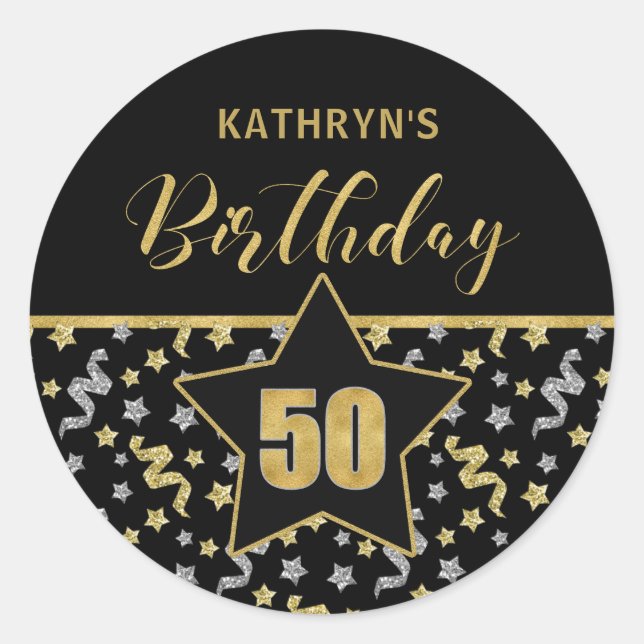Fiftieth Birthday Black and Gold Confetti Classic Round Sticker (Front)