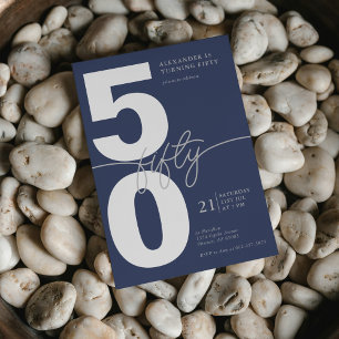 Fiftieth Minimal Modern Birthday Party Navy Grey Invitation