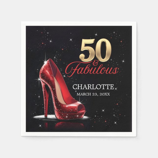 Fifty 50 & Fabulous BIRTHDAY Red Gold High Heels Napkin (Front)
