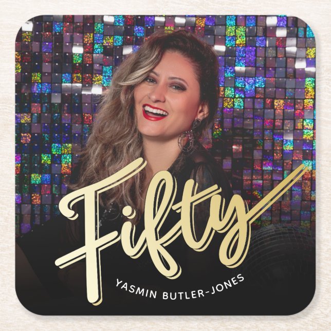 Fifty 50th Birthday custom photo gold colour Square Paper Coaster (Front)